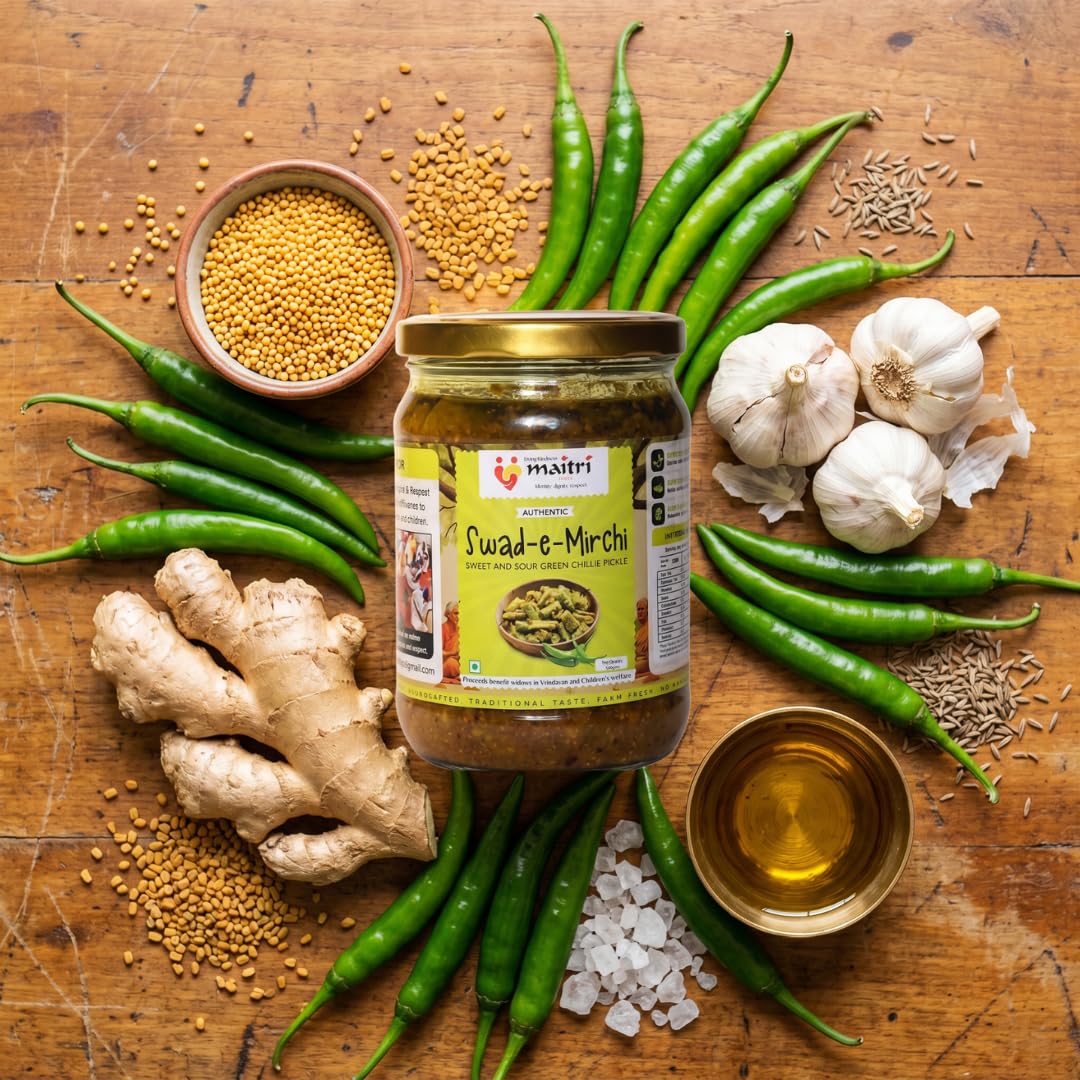 Swad-e-Mirchi Green Chilli Pickle, Sweet & Sour Green Chilli Pickle